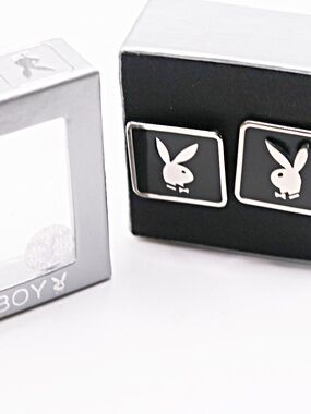Playboy Cufflinks Black Enamel Platinum Plated In Original Hefner Club Box